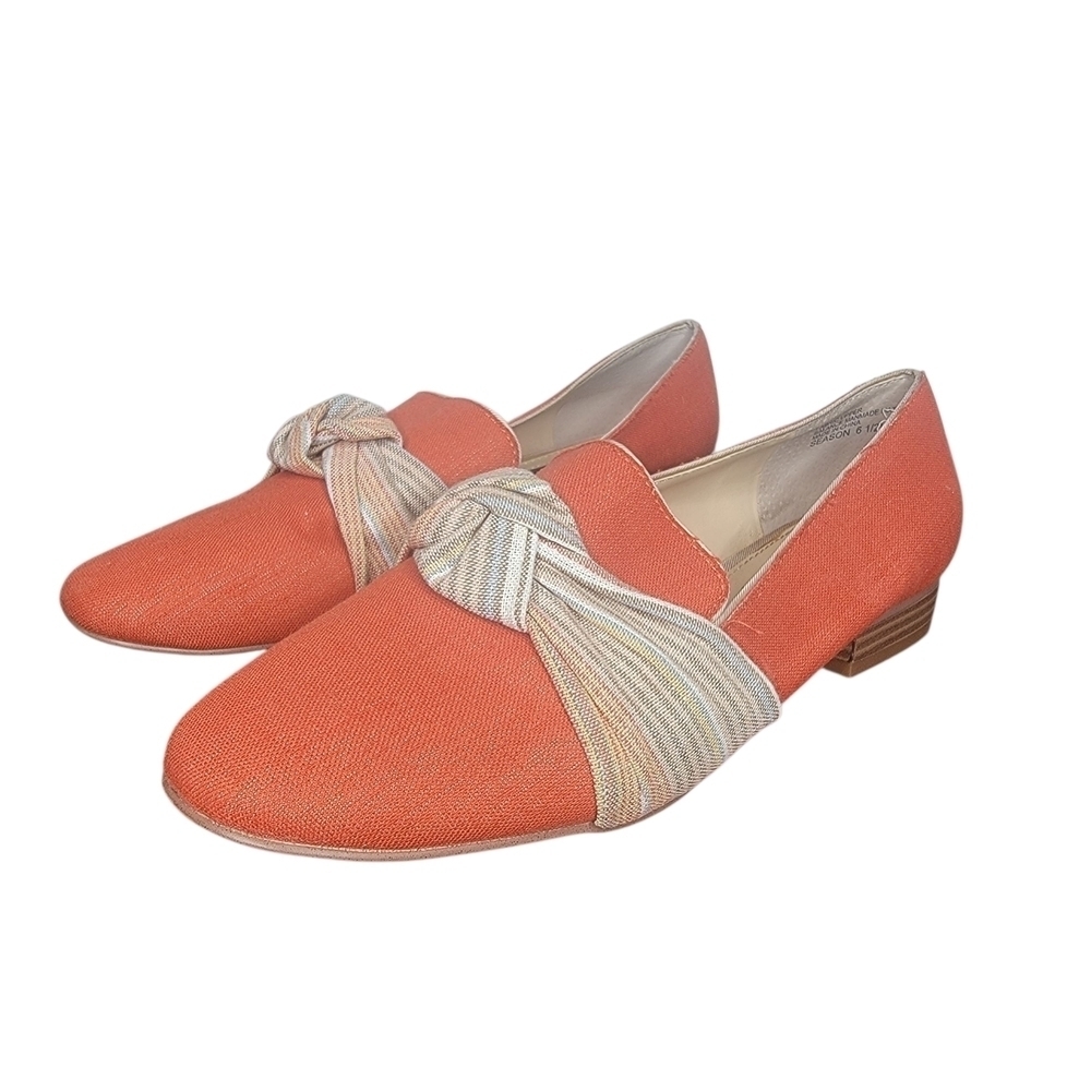 Violet & Red Coral Chic Orange Slip On Heel Loafers with Knotted Bow Stripe 6.5